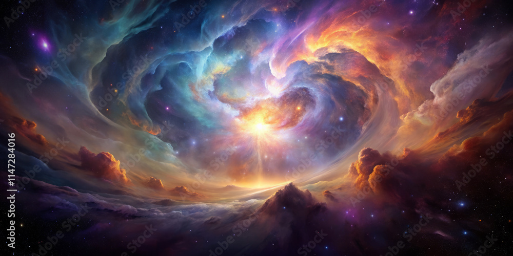 stunning cosmic scene featuring vibrant nebula with swirling colors, bright stars, and radiant center, evoking sense of wonder and beauty of universe stunning cosmic scene featuring vibrant nebula with swirling colors, bright stars, and radiant center, evoking sense of wonder and beauty of universe