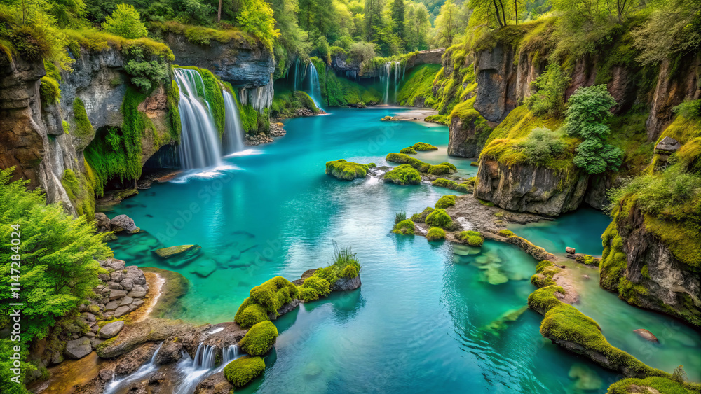 high angle view of serene turquoise lagoon surrounded by lush greenery and cascading waterfalls, creating tranquil and picturesque landscape high angle view of serene turquoise lagoon surrounded by lush greenery and cascading waterfalls, creating tranquil and picturesque landscape