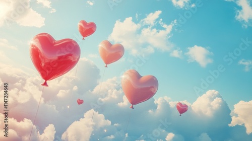 Heart shaped balloons float among fluffy clouds in a blue sky