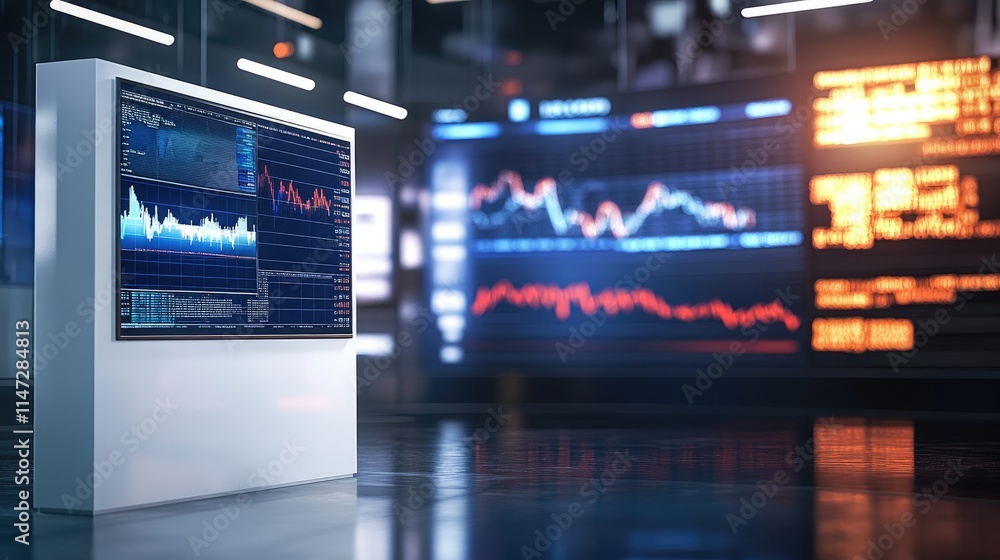 A news studio featuring a white stand displaying economic news, with an LCD screen in the background showing up-to-date market data and financial graphics A news studio featuring a white stand displaying economic news, with an LCD screen in the background showing up-to-date market data and financial graphics