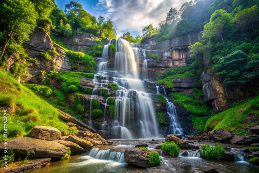 Fototapeta premium Majestic waterfalls dominate stunning landscapes; nature's power and beauty captured.