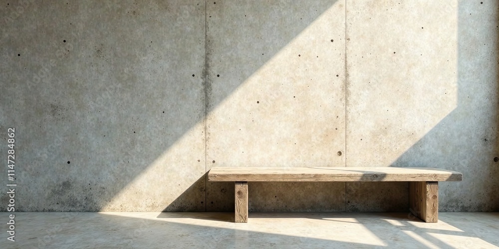 Rustic Wooden Bench Against a Textured Concrete Wall, Bathed in Sunlight Rustic Wooden Bench Against a Textured Concrete Wall, Bathed in Sunlight