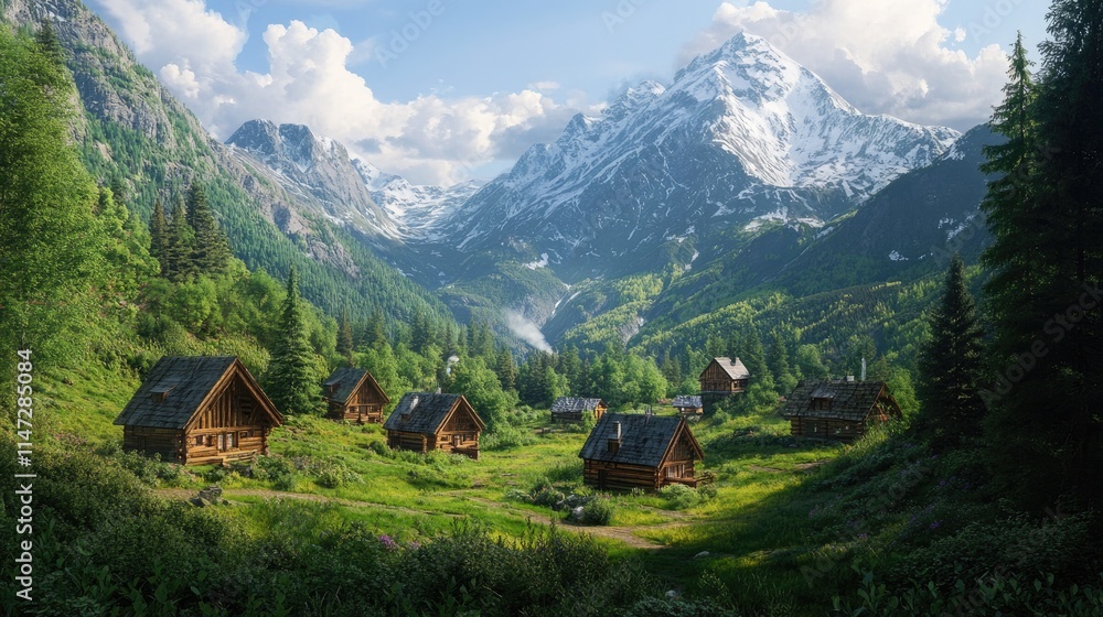 A peaceful mountain village with charming rustic cabins scattered across the landscape, framed by breathtaking mountain views and abundant greenery A peaceful mountain village with charming rustic cabins scattered across the landscape, framed by breathtaking mountain views and abundant greenery