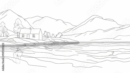 Beautiful scandinavian landscape. house on the lake. minimalism. fjords. mountainscape. one continuous line . line art. minimal single line.white background. one line drawing. Fjordic. Illustration photo