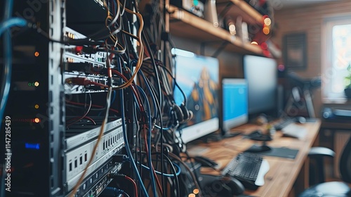 Network Server Rack with Extensive Cabling and Connected Computers