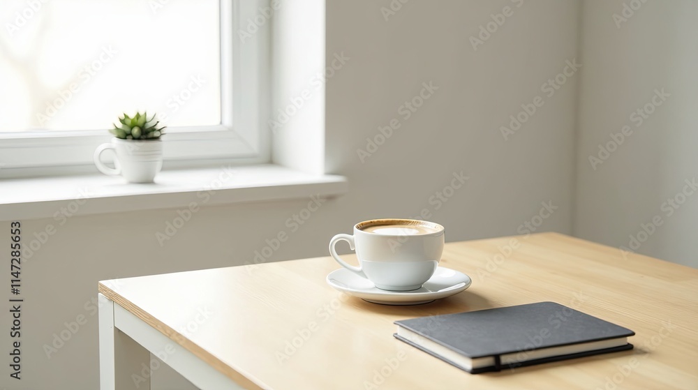 Aromatic Coffee Break by the Window Serene Workspace with Notebook and Plant Aromatic Coffee Break by the Window Serene Workspace with Notebook and Plant