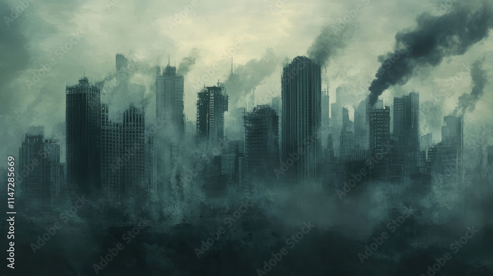A polluted city skyline with smoke, smog, and industrial waste, symbolizing environmental pollution and its harmful effects on air quality A polluted city skyline with smoke, smog, and industrial waste, symbolizing environmental pollution and its harmful effects on air quality