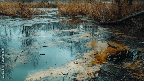 A polluted body of water with visible floating debris and chemicals, illustrating the severe damage caused by water pollution to aquatic ecosystems and habitats photo