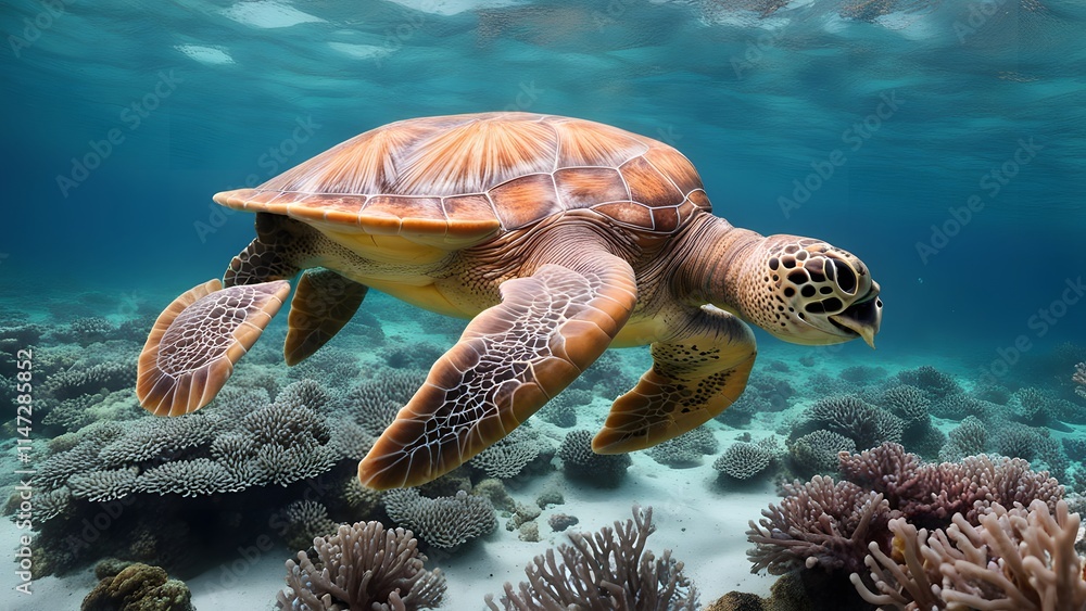 Fototapeta premium Free photo sea turtle under water natural sea life with corals 