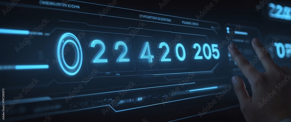 A close-up of a hand sliding a glowing timeline from 2024 to 2025, futuristic interface, dark background with neon blue accents A close-up of a hand sliding a glowing timeline from 2024 to 2025, futuristic interface, dark background with neon blue accents