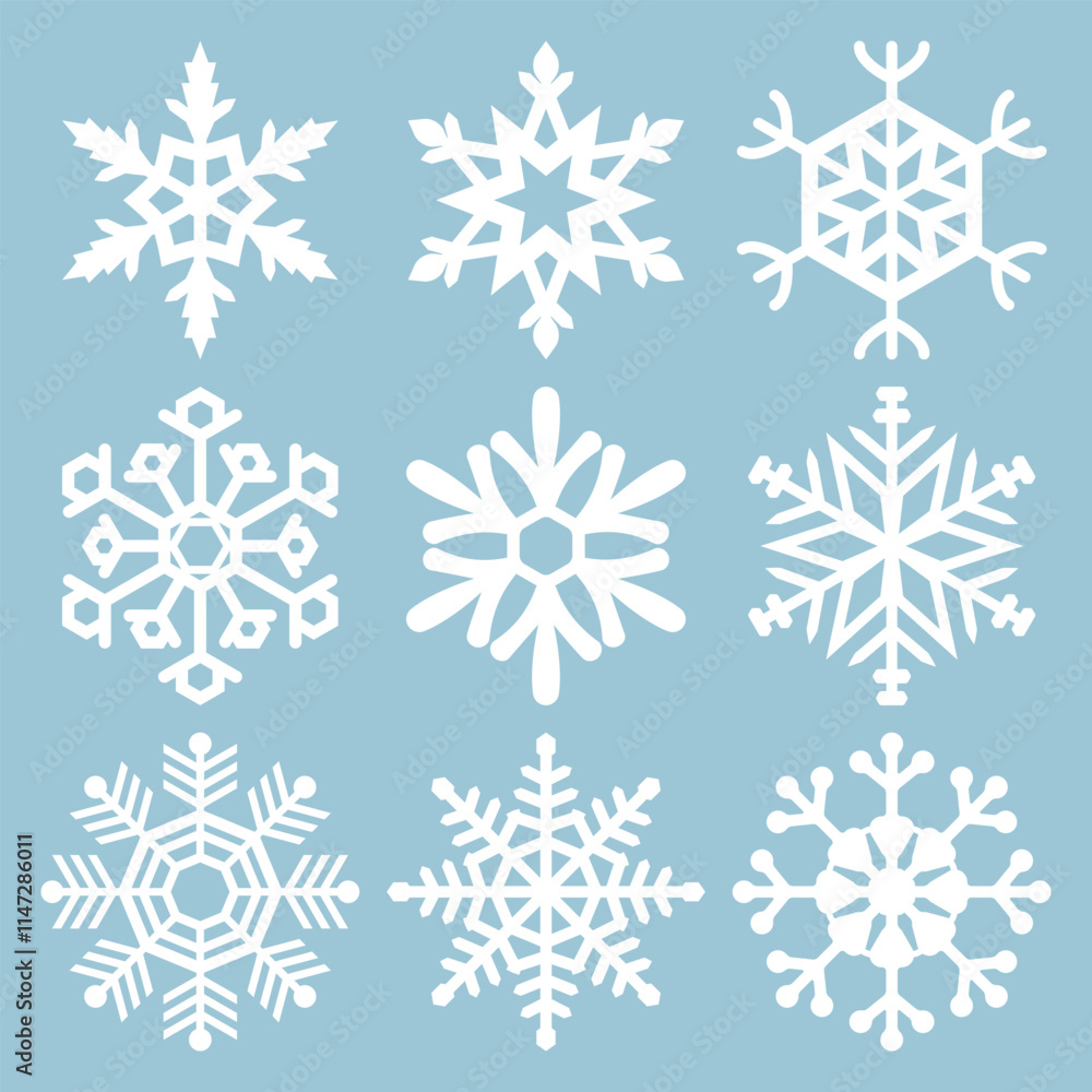 Snowflake icons. Snowflake Vectors. Snowflakes set. Background for winter and christmas theme. Snowflake icons Isolated on Blue Background. Vector illustration. Elements for design. EPS10. Snowflake icons. Snowflake Vectors. Snowflakes set. Background for winter and christmas theme. Snowflake icons Isolated on Blue Background. Vector illustration. Elements for design. EPS10.