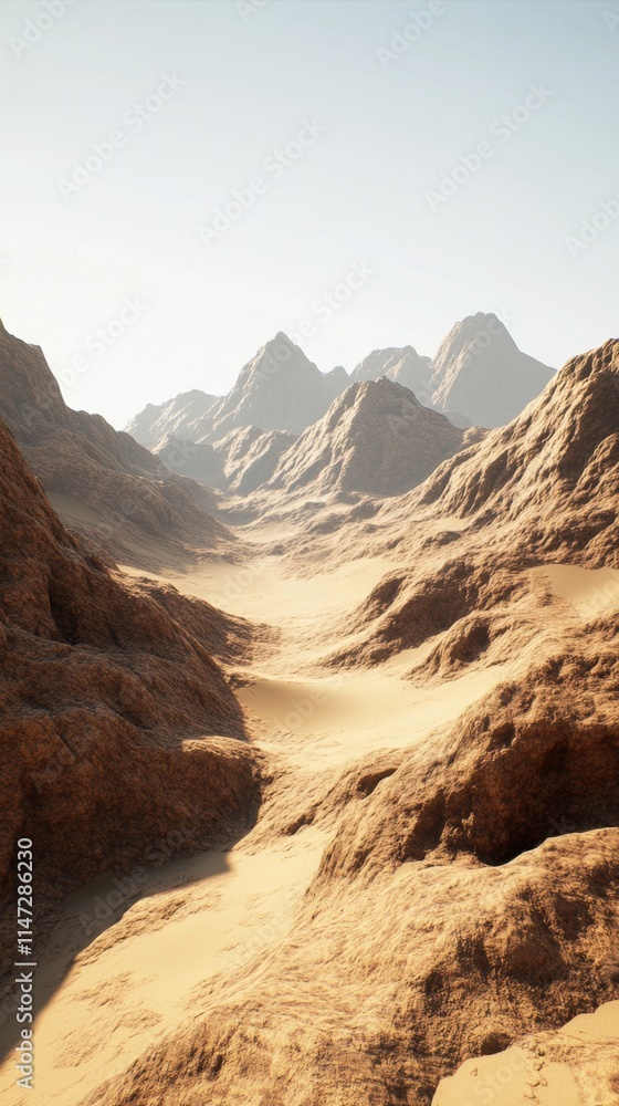 Fototapeta premium Arid desert landscape with rocky mountains and sand.