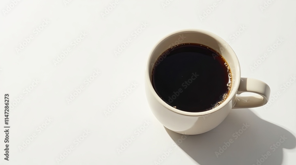 Aromatic black coffee in a simple off-white mug, illuminated by bright sunlight casting a gentle shadow on a pristine white surface Aromatic black coffee in a simple off-white mug, illuminated by bright sunlight casting a gentle shadow on a pristine white surface