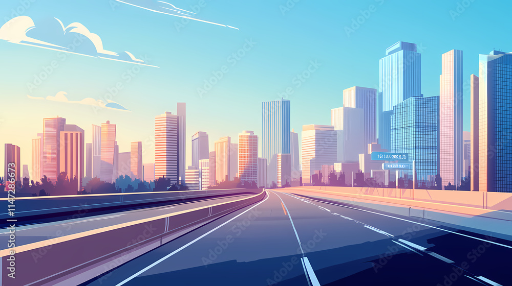 Fototapeta premium Highway, oblique angle of view, light sky and clouds, modern buildings, skyline, freeway, cityscape, road surface, gray tones, city background, super quality, high resolution. Oblique. Illustration