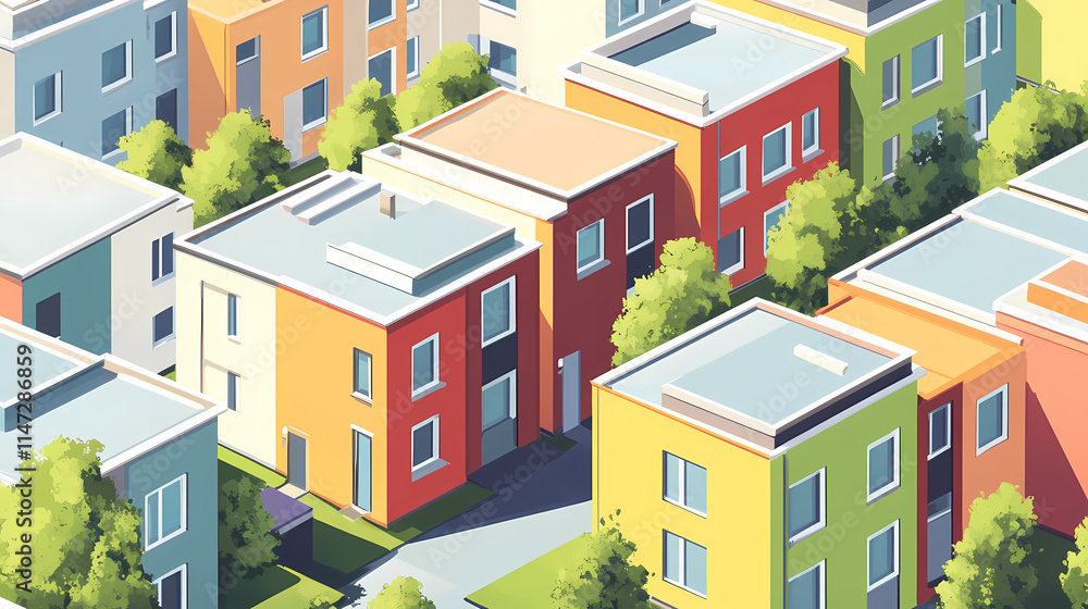 New row houses with flat roofs oblique camera view from above sunny summer da. Oblique. Illustration New row houses with flat roofs oblique camera view from above sunny summer da. Oblique. Illustration