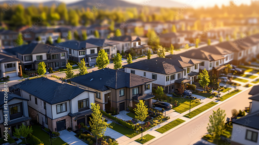 Fototapeta premium New row houses with flat roofs oblique camera view from above sunny summer da. Oblique. Illustration