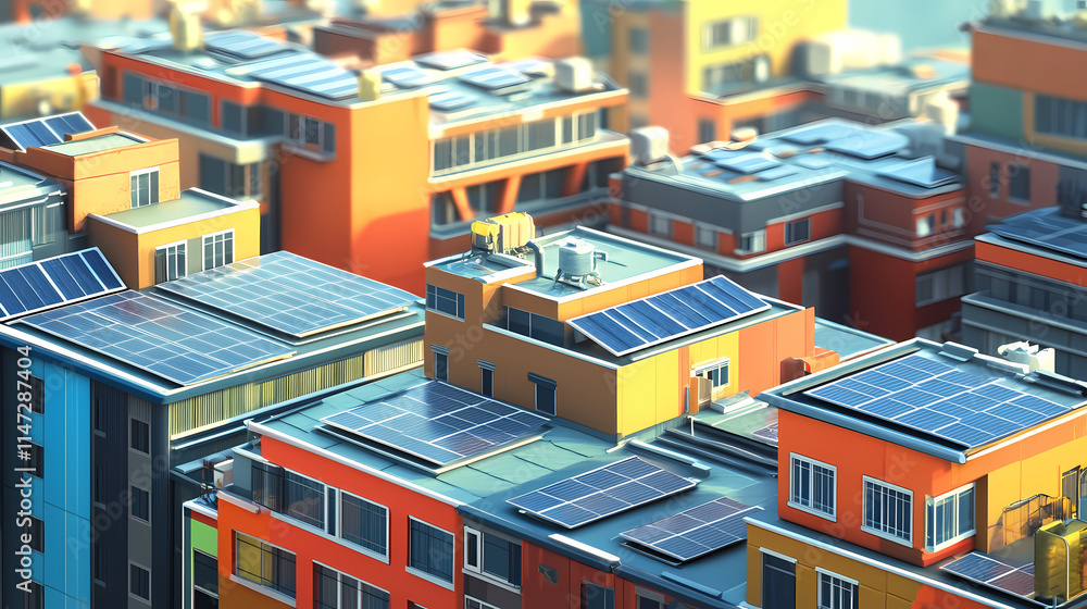 Solar panels on a commercial rooftop, urban cityscape, stock photo. Oblique. Illustration Solar panels on a commercial rooftop, urban cityscape, stock photo. Oblique. Illustration