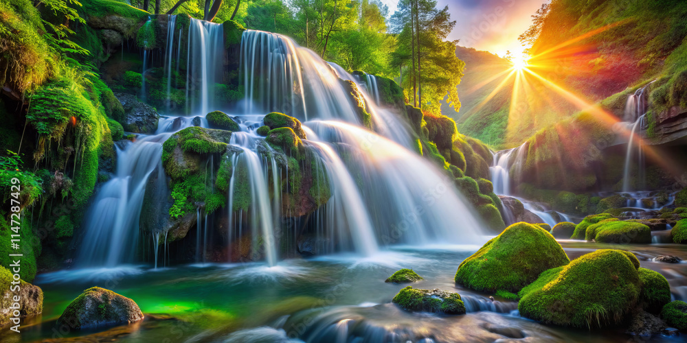 stunning waterfall cascades over moss covered rocks, surrounded by lush greenery and illuminated by vibrant sunset. scene evokes tranquility and natural beauty stunning waterfall cascades over moss covered rocks, surrounded by lush greenery and illuminated by vibrant sunset. scene evokes tranquility and natural beauty