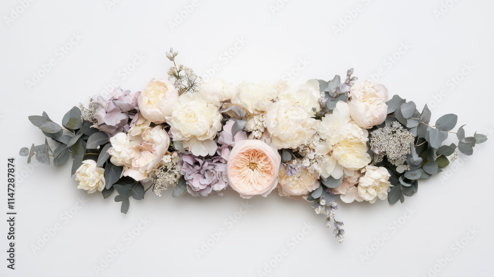 Obraz premium A symmetrical floral wreath shaped into an elongated oval, composed of muted lavender, blush pink