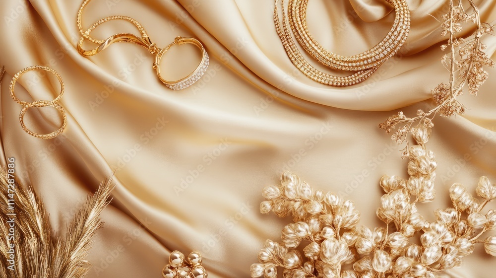 A stylish flat lay of golden bijouterie placed on light brown fabric, emphasizing the elegance and sparkle of luxury jewelry pieces in a clean, chic setup A stylish flat lay of golden bijouterie placed on light brown fabric, emphasizing the elegance and sparkle of luxury jewelry pieces in a clean, chic setup