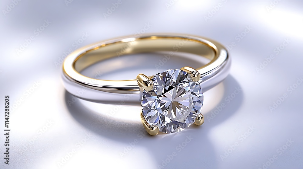 A diamond ring with a gold band sitting on a smooth white background, highlighted with bright, focused lighting. A diamond ring with a gold band sitting on a smooth white background, highlighted with bright, focused lighting.