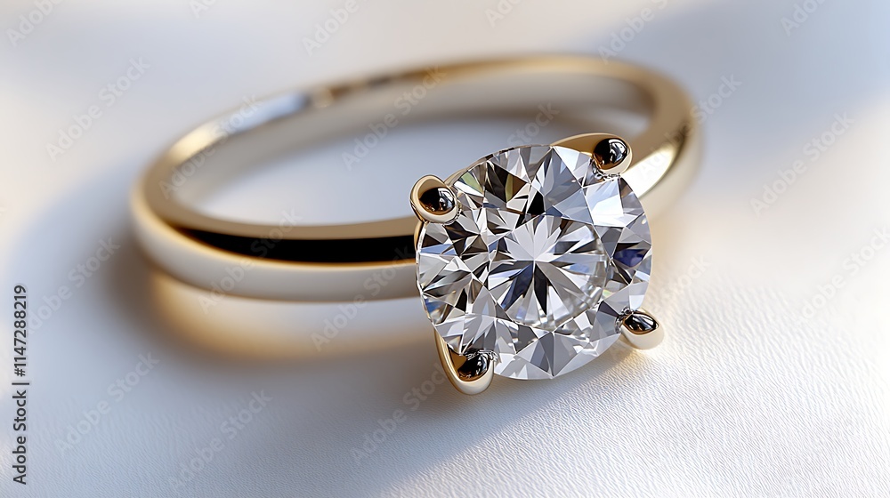 A diamond ring with a gold band sitting on a smooth white background, highlighted with bright, focused lighting. A diamond ring with a gold band sitting on a smooth white background, highlighted with bright, focused lighting.