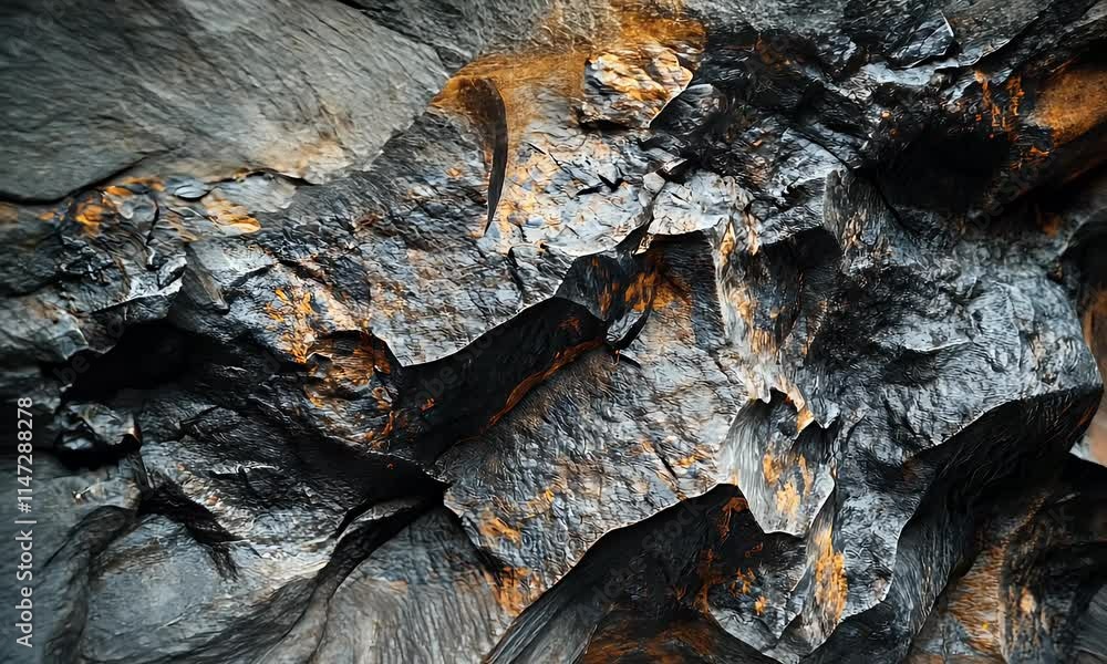 Close-up of textured rock surface with dark tones and hints of orange. Close-up of textured rock surface with dark tones and hints of orange.