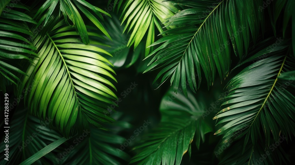 A tropical banner featuring palm leaves creating a beautiful, verdant border, ideal for a vibrant, summer-themed design with clear space for messaging A tropical banner featuring palm leaves creating a beautiful, verdant border, ideal for a vibrant, summer-themed design with clear space for messaging