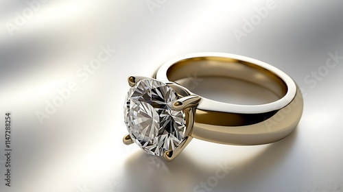 A diamond ring with a gold band sitting on a smooth white background, highlighted with bright, focused lighting. photo