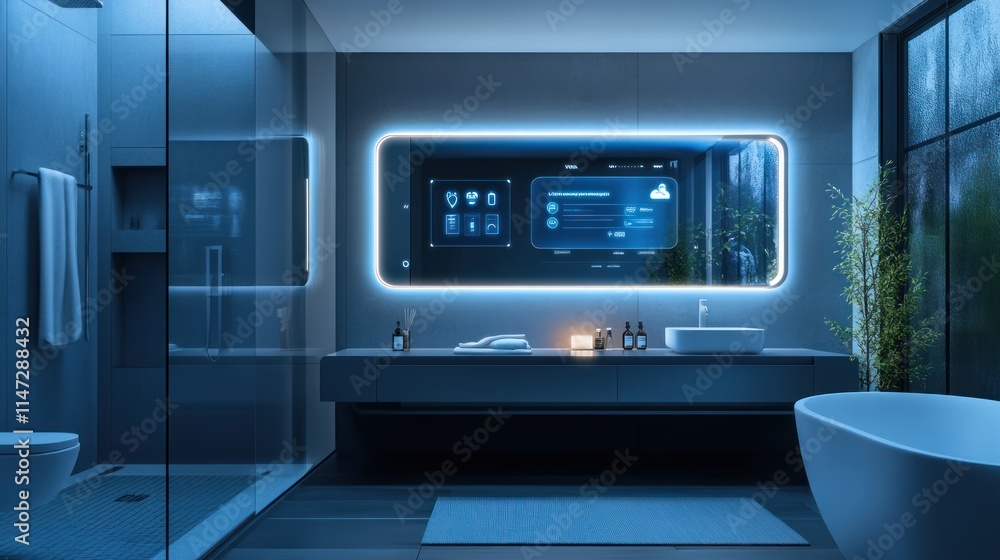 Modern Smart Bathroom With Futuristic Mirror Display Modern Smart Bathroom With Futuristic Mirror Display