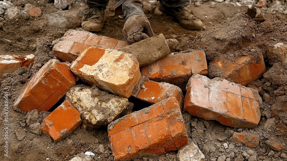 Broken bricks scattered in a pile of dirt being handled by a person wearing work boots and gloves. Broken bricks scattered in a pile of dirt being handled by a person wearing work boots and gloves.