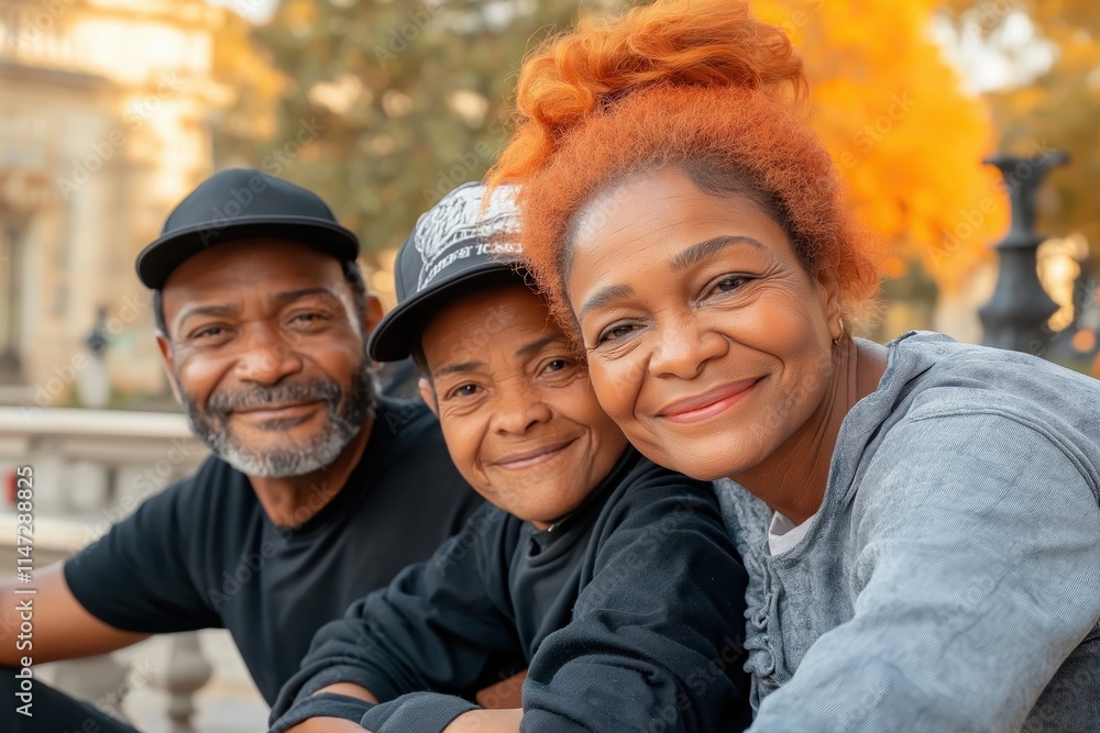 Portrait capturing three cheerful African American individuals smiling and posing together in a vibrant park during autumn Portrait capturing three cheerful African American individuals smiling and posing together in a vibrant park during autumn