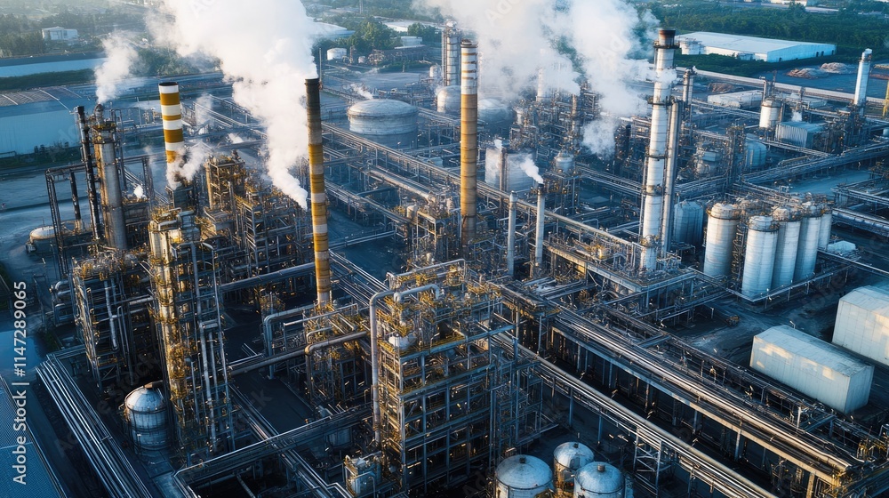 Aerial view of pipes and smokestacks at a chemical plant, with smoke rising into the atmosphere, emphasizing the concept of industrial air pollution and its environmental impact Aerial view of pipes and smokestacks at a chemical plant, with smoke rising into the atmosphere, emphasizing the concept of industrial air pollution and its environmental impact