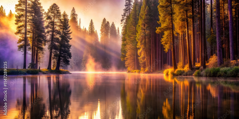 Obraz premium serene misty landscape featuring tranquil river surrounded by tall trees, with sunlight filtering through forest, creating magical atmosphere
