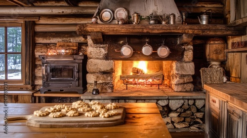 Cozy rustic cabin kitchen with wood-burning fireplace, cookies on table.