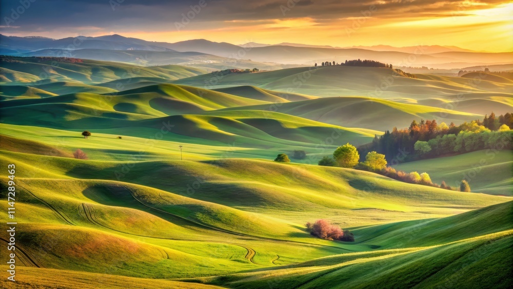 Obraz premium Rolling hills bathed in soft sunset light, Sunset, Rolling hills, Soft light, Landscape, Nature, Scenic, Tranquil