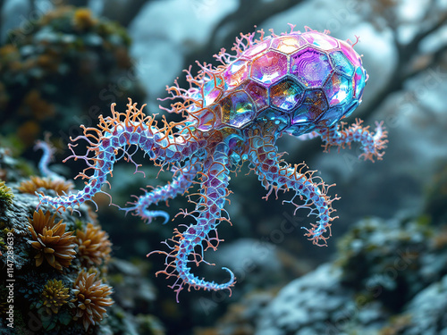 A colorful AI generated jellyfish floats within an underwater scene. It features a geometric head and detailed tentacles. photo