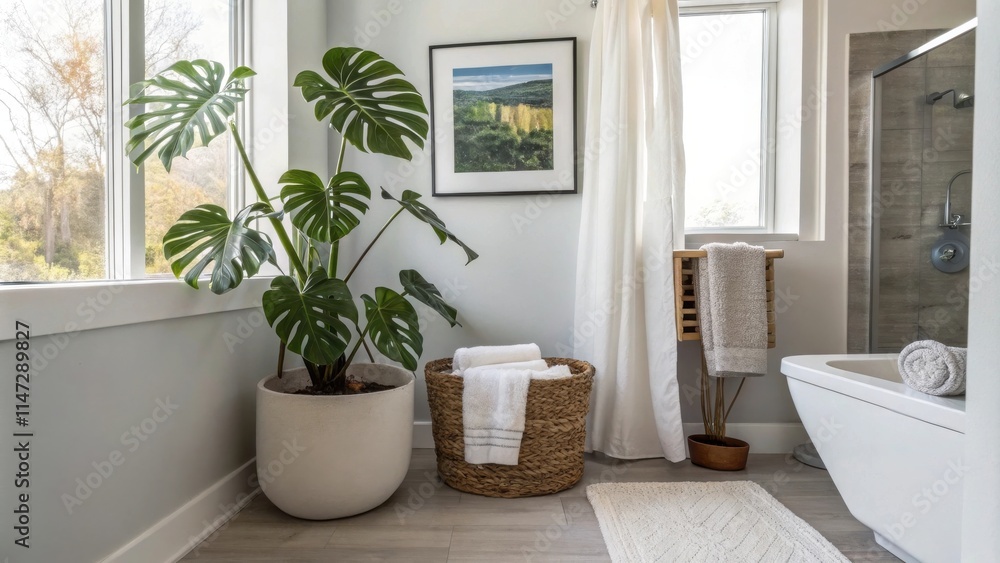A modern bathroom with a large plant, white towels in a wicker basket, and a white bathtub. A modern bathroom with a large plant, white towels in a wicker basket, and a white bathtub.