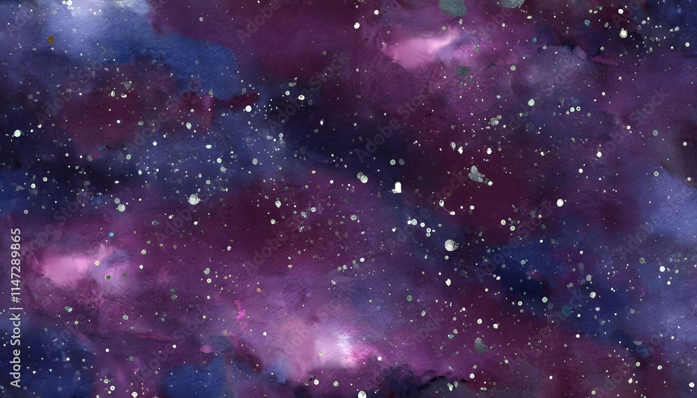 Fototapeta premium Cosmic Watercolor Scene in Plum, Indigo, and Metallic Silver