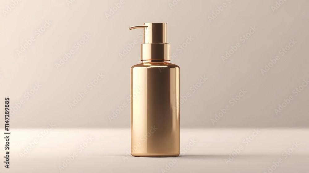 High-end gold cosmetic bottle mockup with clean, minimalistic design, ready for branding and product customization in a beauty product setup High-end gold cosmetic bottle mockup with clean, minimalistic design, ready for branding and product customization in a beauty product setup
