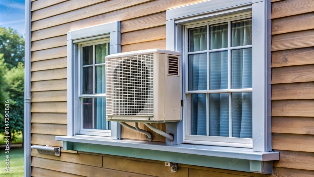 Fototapeta premium Efficient air conditioner unit mounted on a window of a house, energy efficient, cooling, climate control