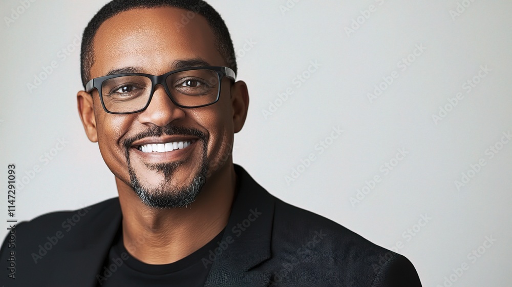 Radiant African American Man with Glasses Smiling in Black Attire Radiant African American Man with Glasses Smiling in Black Attire