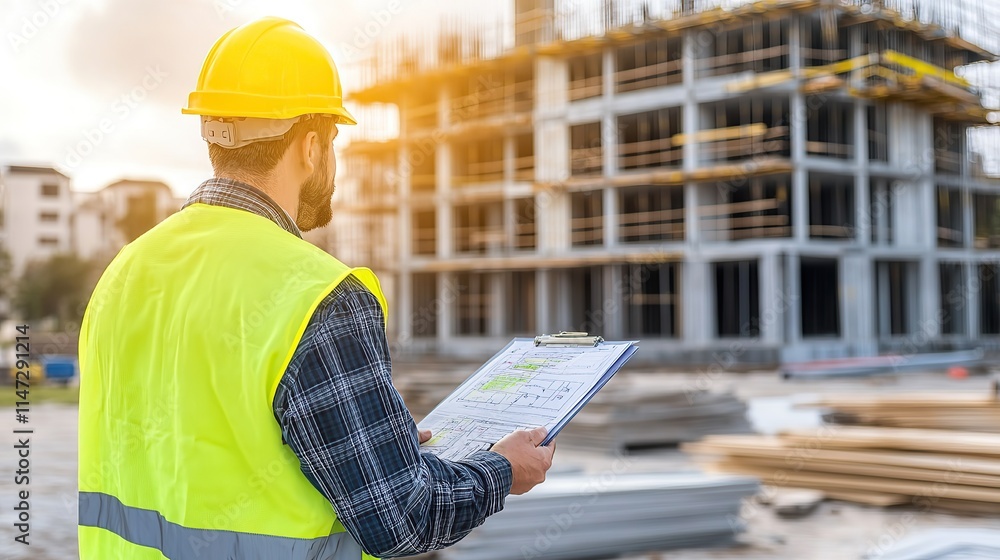 Construction worker reviewing blueprints at a building site. Construction worker reviewing blueprints at a building site.
