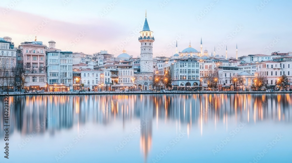 Fototapeta premium Galata Tower and Istanbul cityscape reflected in the calm water of the Golden Horn during a soft pastel dawn.