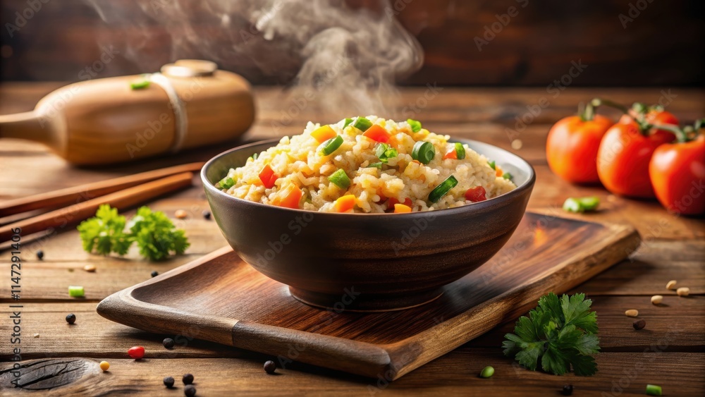 Steaming bowl of fried rice with vegetables on wooden surface in a cozy kitchen setting, food, cuisine, Asian, meal, tasty Steaming bowl of fried rice with vegetables on wooden surface in a cozy kitchen setting, food, cuisine, Asian, meal, tasty