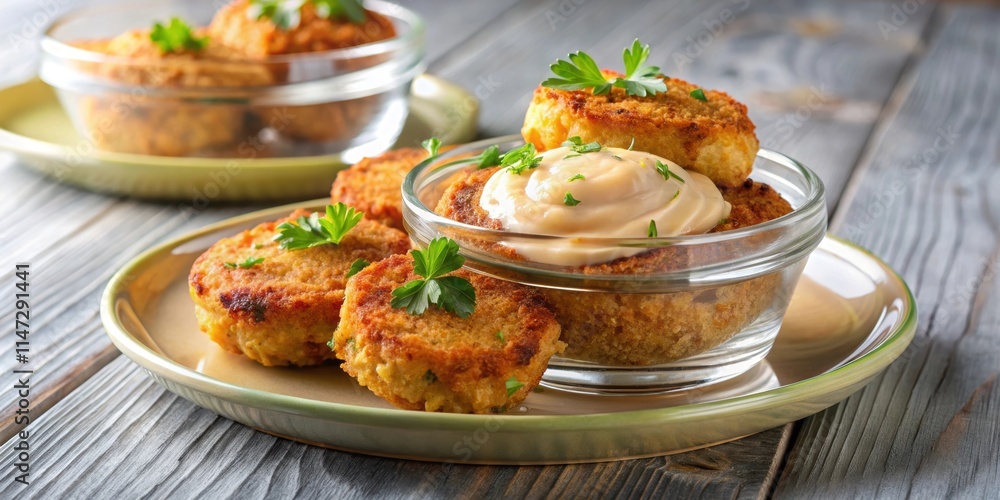 Crab cakes with spicy remoulade sauce on a glass dish, crispy , seafood, appetizer, gourmet, delicious Crab cakes with spicy remoulade sauce on a glass dish, crispy , seafood, appetizer, gourmet, delicious