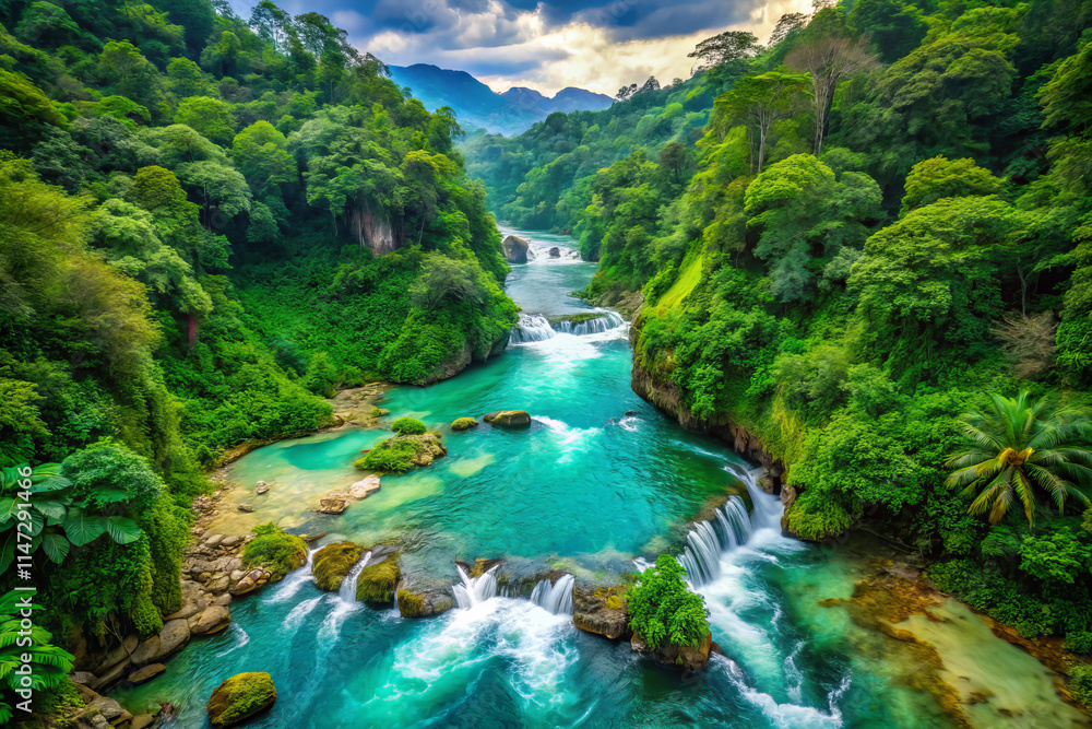 high angle shot of vibrant tropical river gorge, showcasing cascading waterfalls and lush greenery. serene landscape evokes sense of tranquility and natural beauty high angle shot of vibrant tropical river gorge, showcasing cascading waterfalls and lush greenery. serene landscape evokes sense of tranquility and natural beauty