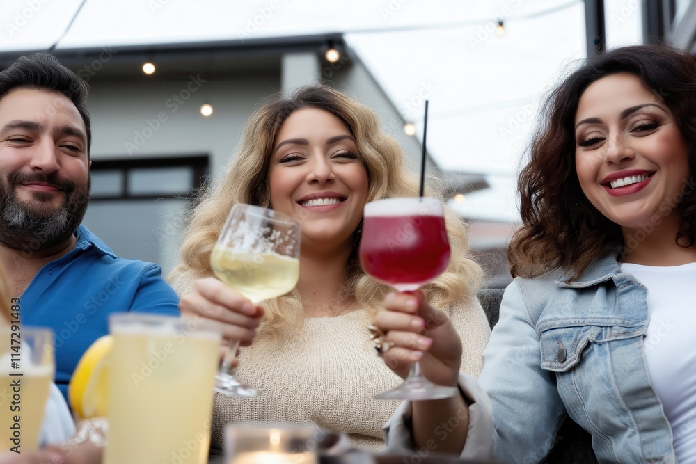Group of cheerful friends enjoying drinks at a rooftop party, celebrating and having a good time together Group of cheerful friends enjoying drinks at a rooftop party, celebrating and having a good time together