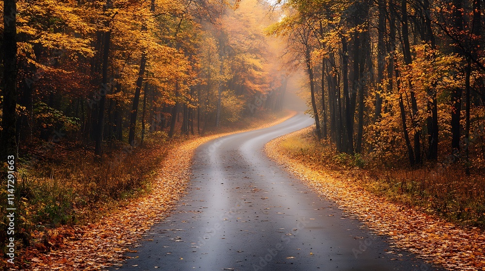 Obraz premium Autumn Road Winding Through Colorful Forest