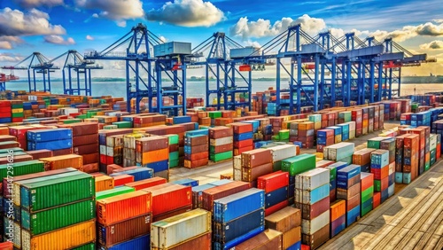 Shipping containers stacked in dockyard at Felixstowe, England, shipping containers, dockyard, Felixstowe photo